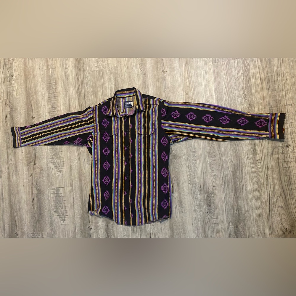 Wrangler Men's Striped Button-Down Shirt in Black, Purple & Yellow - Picture 2 of 7
